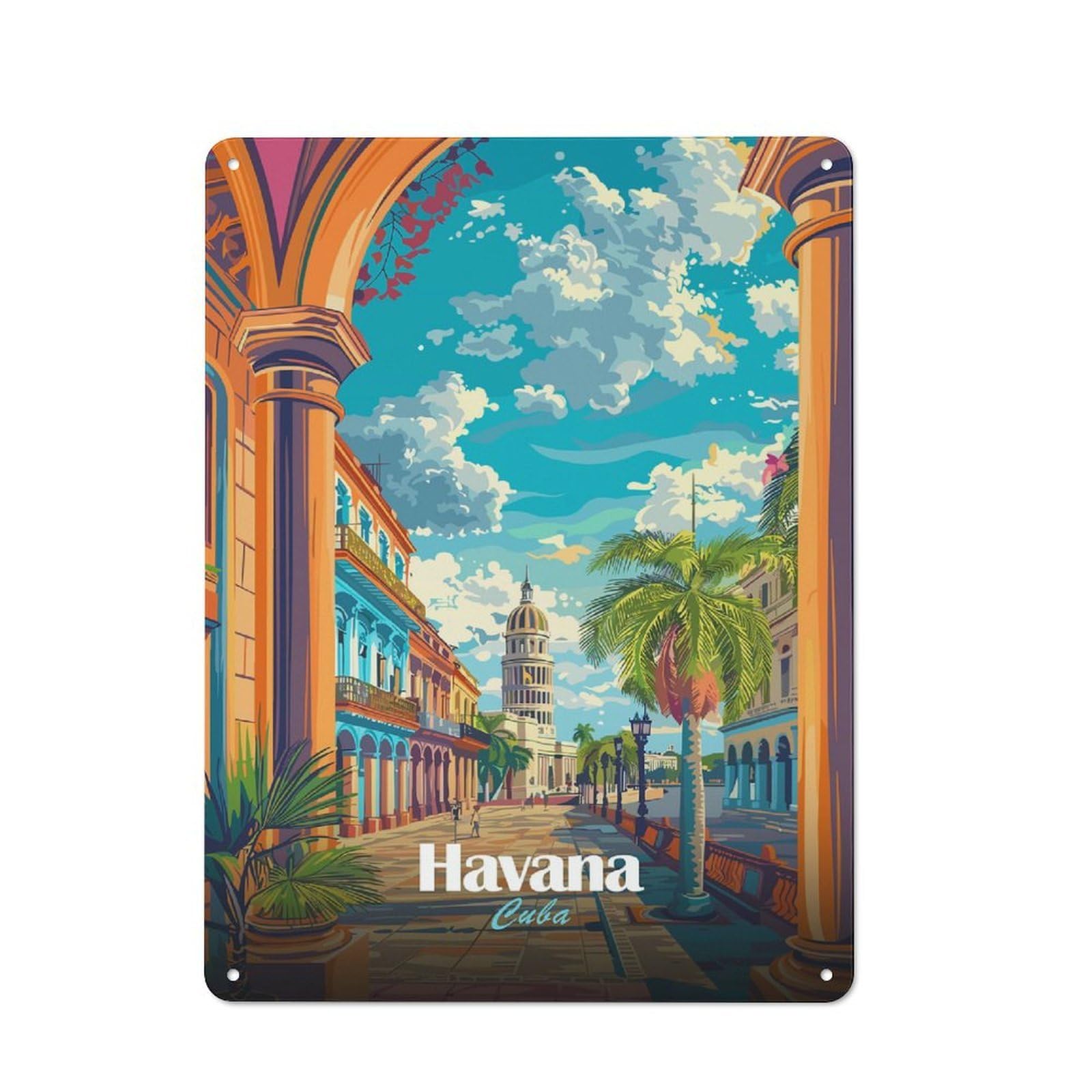 Junmoney Style-14 Colorful Havana Cuba Cityscape Illustration Rustic Tin Wall Plaque 40X30cm For Hobby Room Or Studio, A New Home Present For Creative Interior Collectors