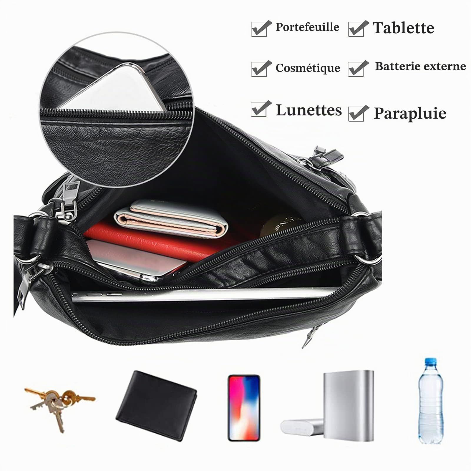 Femme Sac Bandouliere Multi-Poches Sac D'épaule Sac de Messager Imperméable en Cuir Sac à Main pour Travail Voyage Achats Usage Quotidien