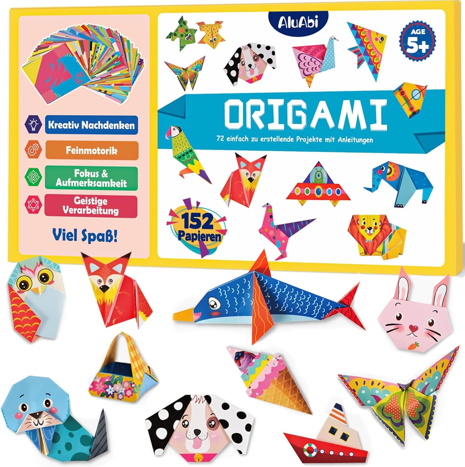 AluAbi Das Bunte Origami Kit für Kinder Ab 5-152 Blätter Papier, Origami Papier 72 Muster Mit Bastelanleitung Buch(14x14 cm)
