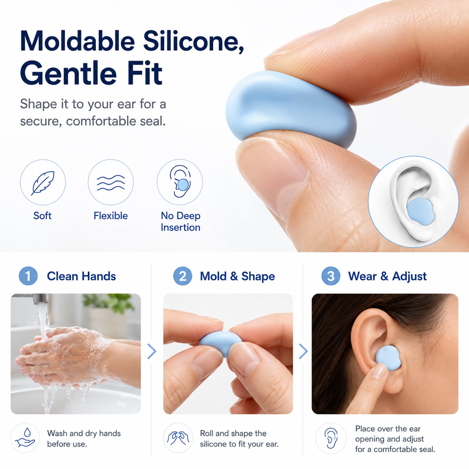 Moldable Silicone Ear Plugs for Sleeping, Soft Reusable Noise Reduction Earplugs for Snoring, Side Sleepers, Small Ears, Swimming and Travel — Amazon image 4