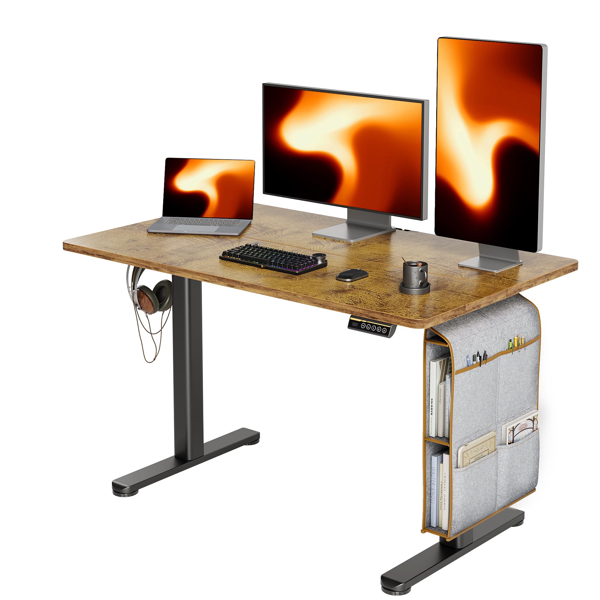 Claiks Electric Standing Desk Adjustable Height with Spacious Storage Bag, 48x24 Inch Stand Up Desk with Headphone Hook, Sit Stand Table for Home Office Computer Workstation, Rustic Brown