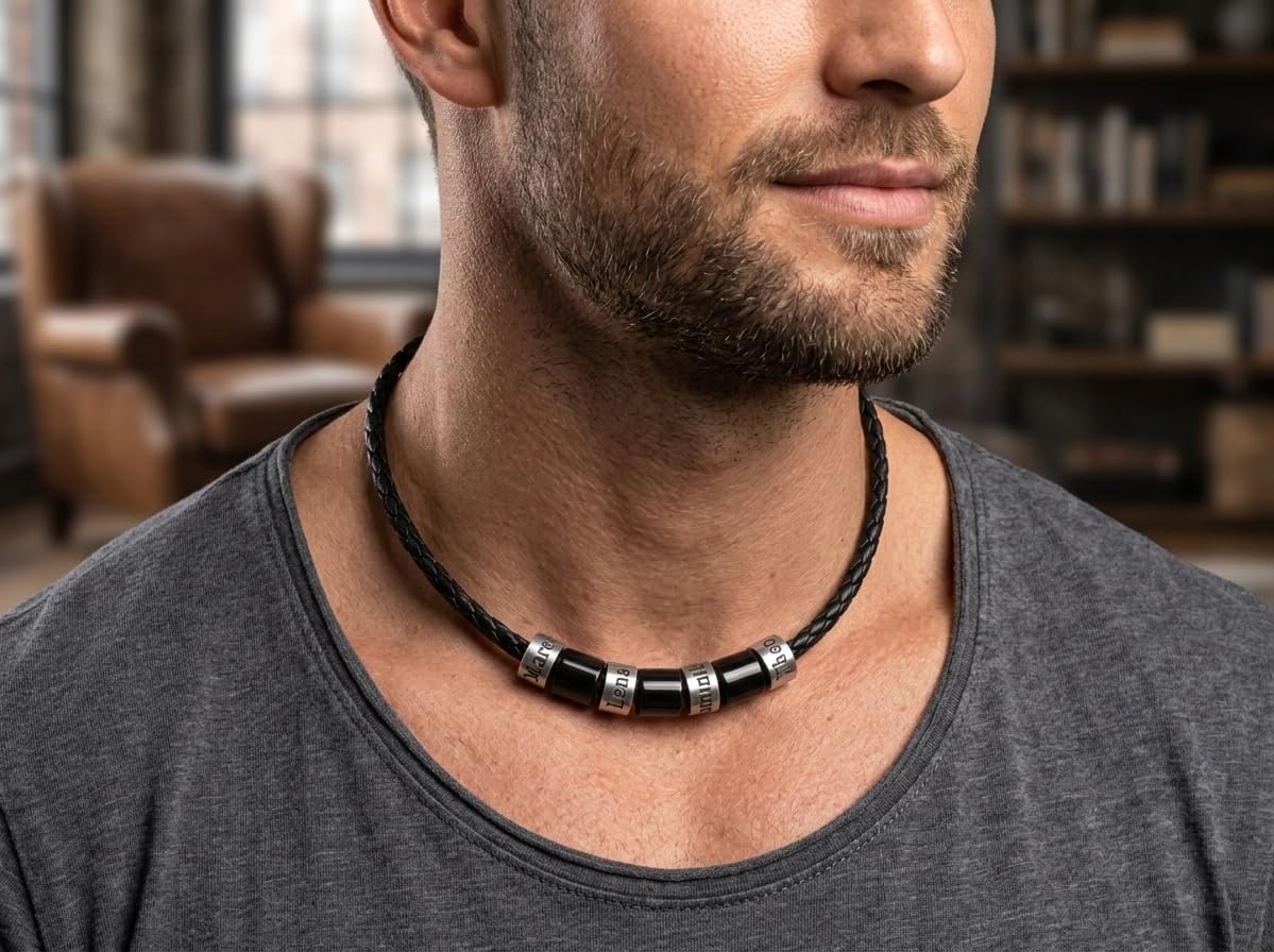 Edelstahl- und Lederkettenset mit Gravuren, 4 Stk. Beads mit Gravur nach Wunsch und 3 Stk. schwarze Beads, personalisierte Herrenkette mit Gravur, Namenskette für Männer