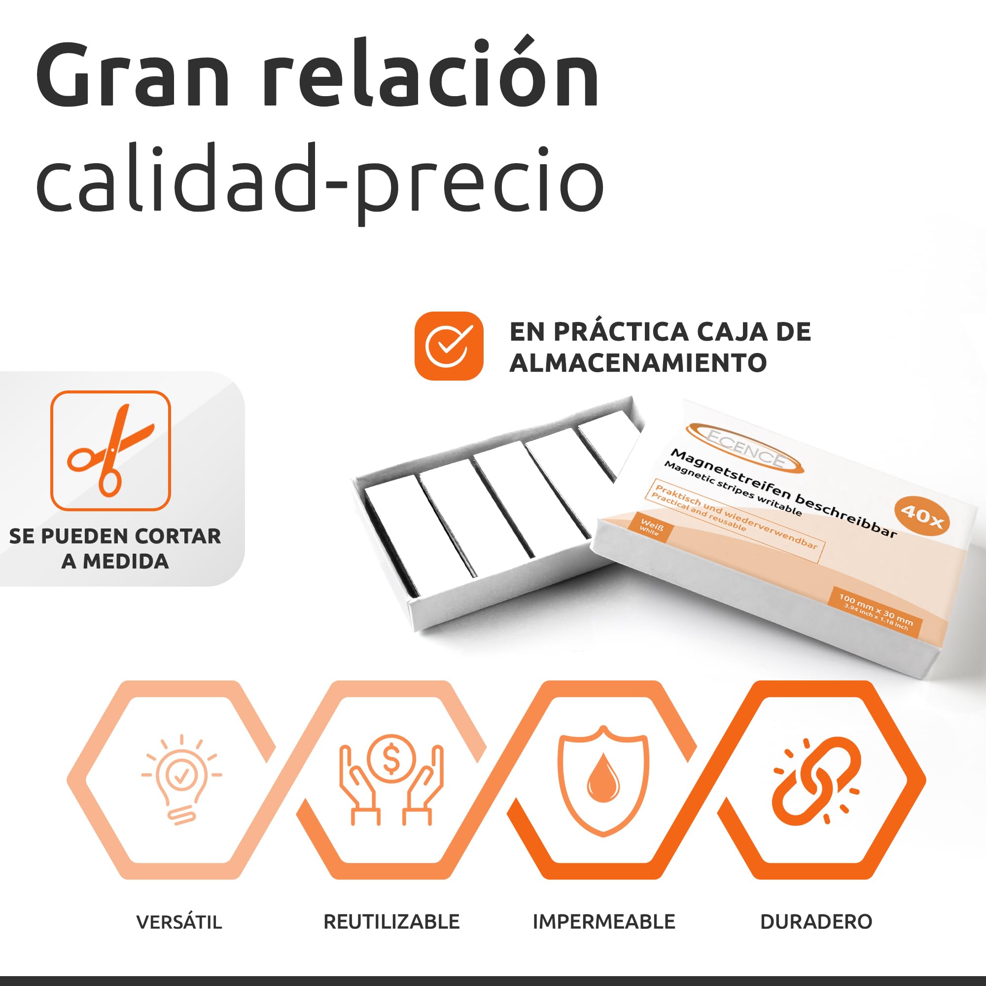 ECENCE 40 Cintas magnéticas reescribibles 100mmx30mm Blanco Tiras adhesivas recortables