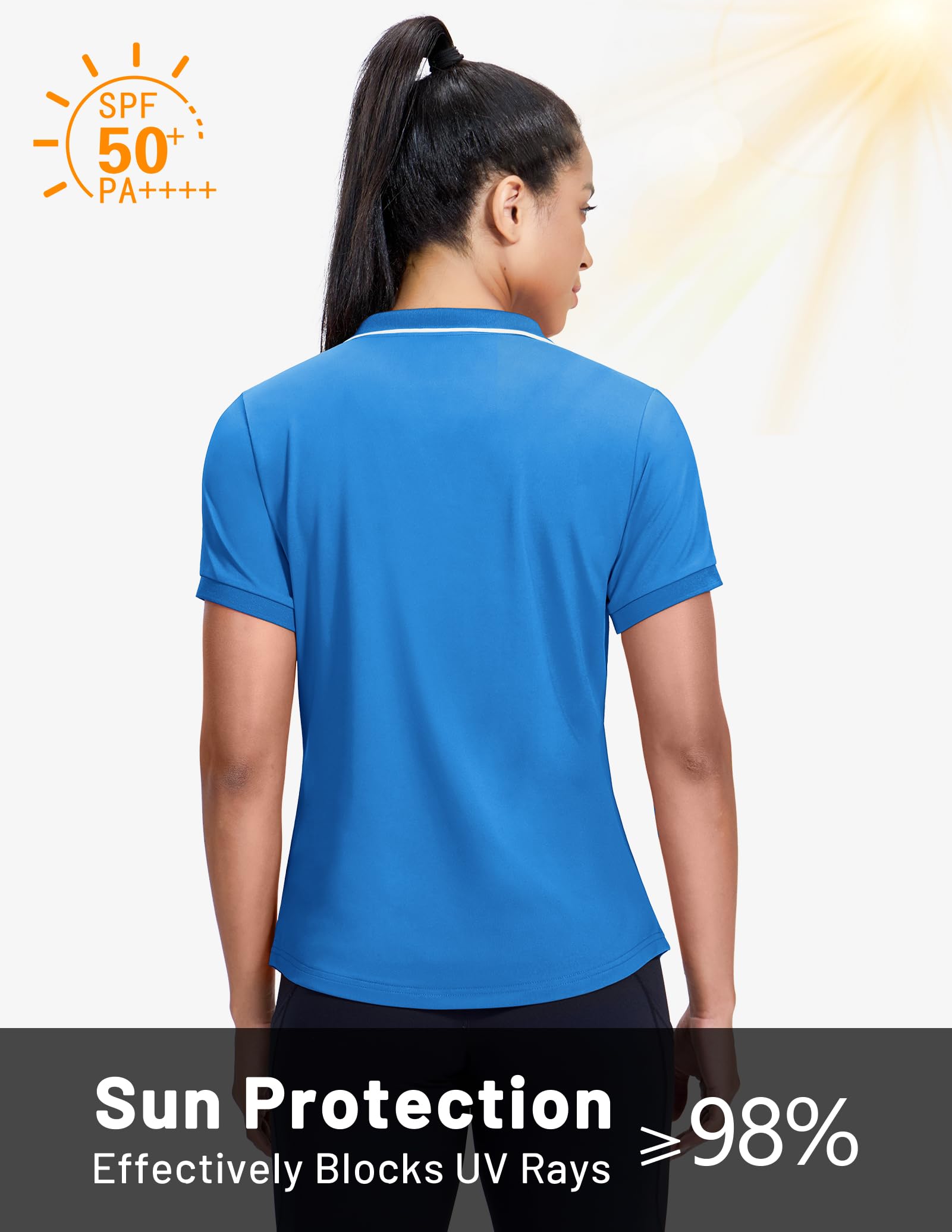 MIER Polo da donna con scollo a V, a maniche corte, protezione solare UPF 50+, per golf, tennis, maglietta elasticizzata con colletto, vestibilità asciutta