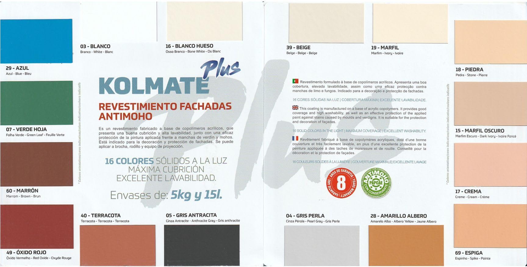 Pintura Fachadas Antimoho KOLMATE PLUS (Amarillo Albero, 5 kilos)