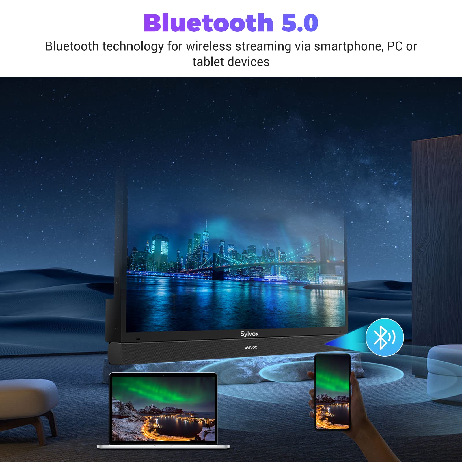 SYLVOX Soundbar TV Bluetooth impermeabile IP65 con telecomando, 4 impostazioni di equalizzazione, 2.0 canali 120 Watt, HDMI, montabile a parete, A2DP, HDMI, Ingresso Ottico, Coassiale, USB