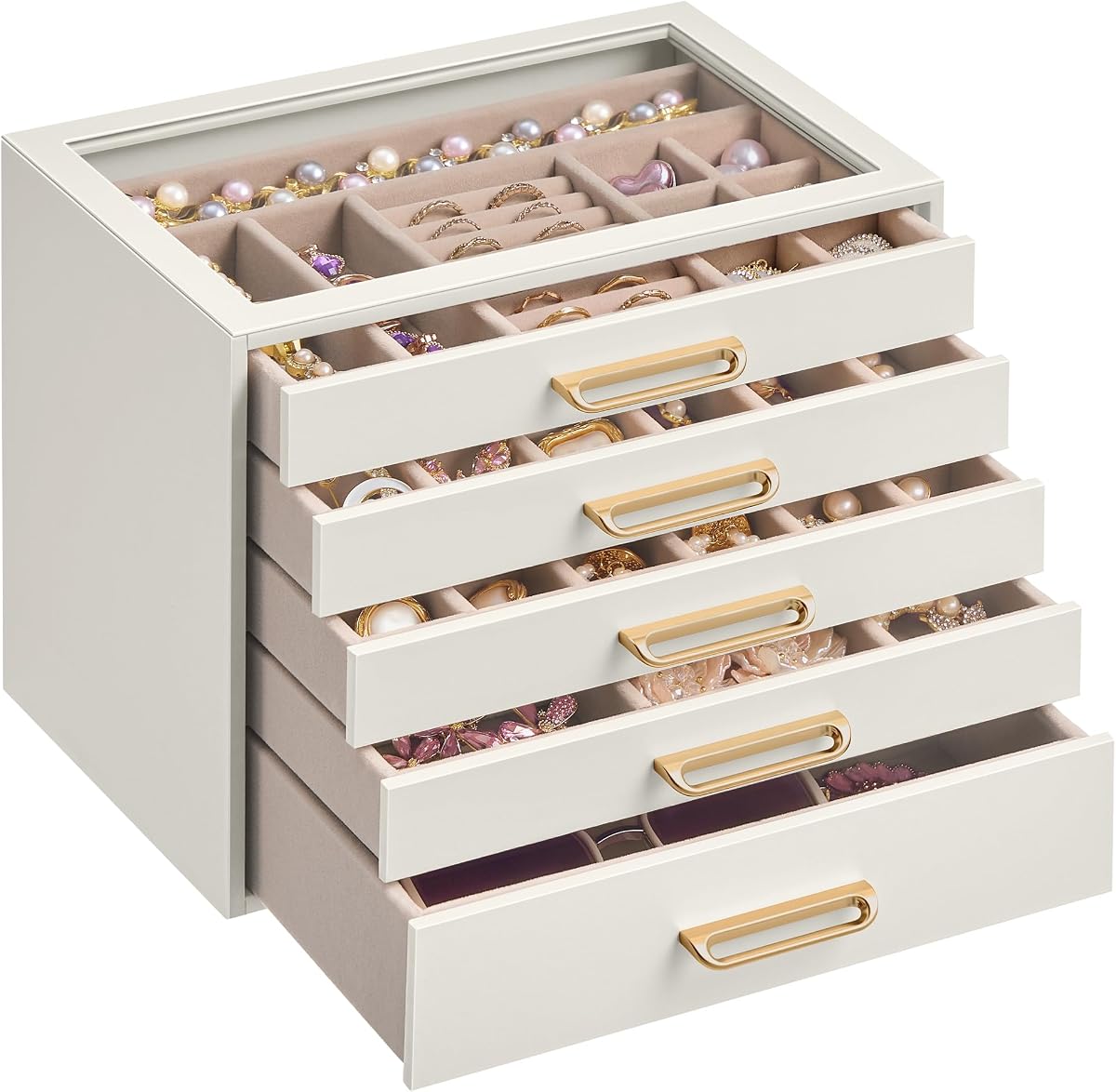 Jewelry Box with Glass Window, 5-Layer Organizer | Jewelry storage organizer with 5 drawers, Golden Handles, for Rings, Earrings, Bracelets, Gift Idea, Cream White UJBC205WD01