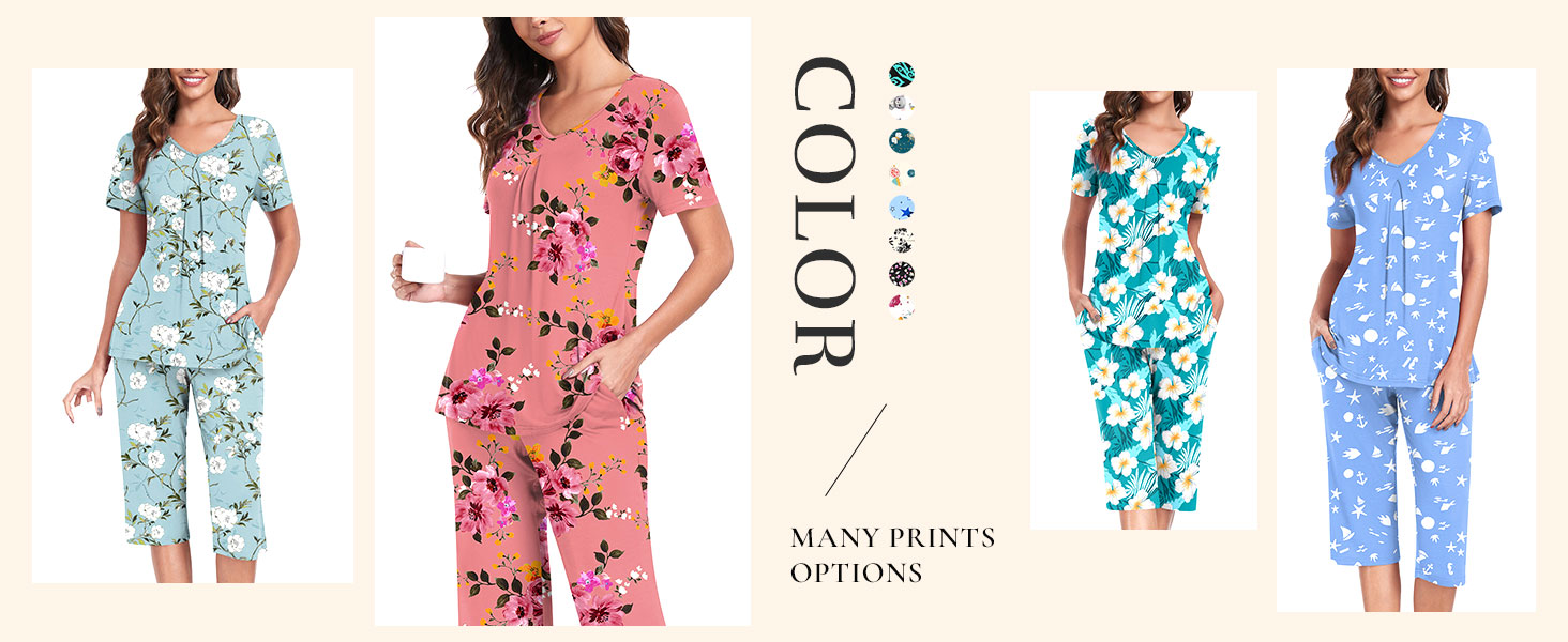 Anyally Women's Summer Pajama Set - Short Sleeve Top & Capri Pants With Pockets - View #8