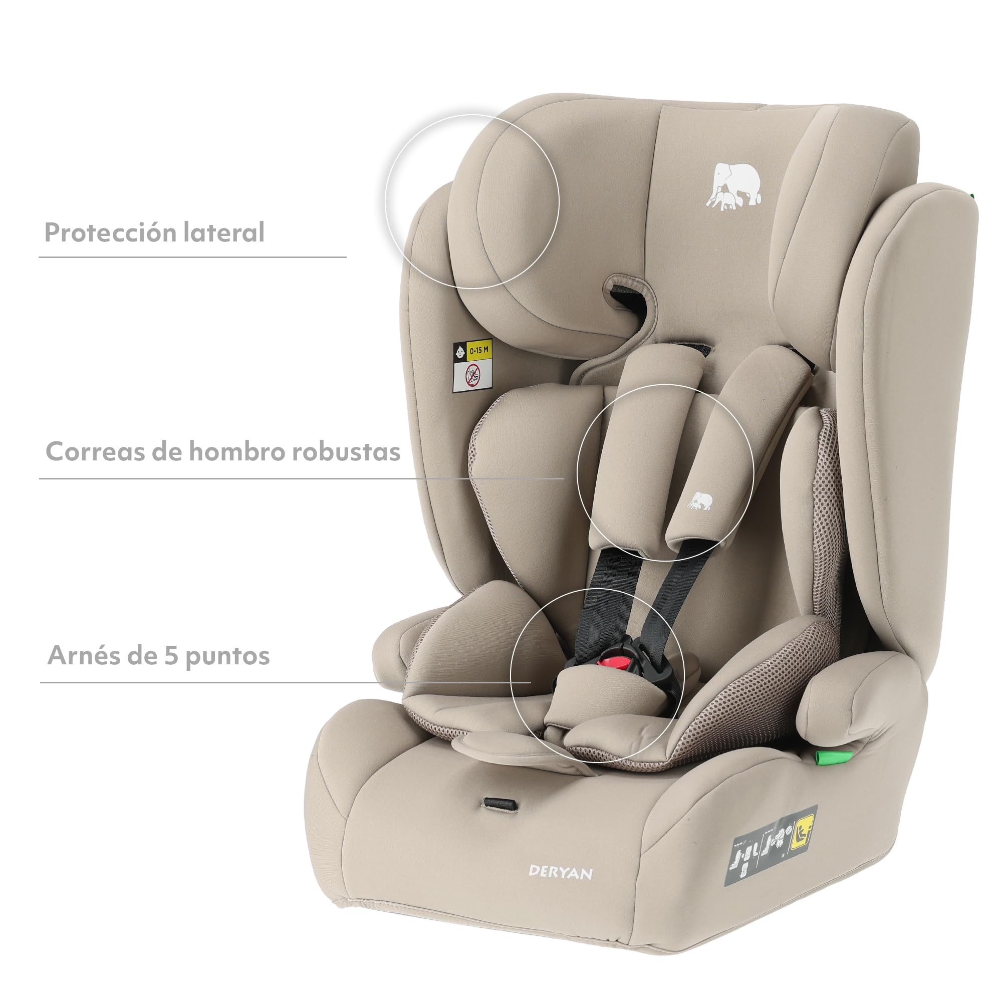 Deryan Carter i-Size - Asiento infantil para coche (75 – 150 cm, grupo 1/2/3, con cinturón de fijación, protección contra impactos laterales, reposacabezas ajustable, funda extraíble, 1,5 a 12 años