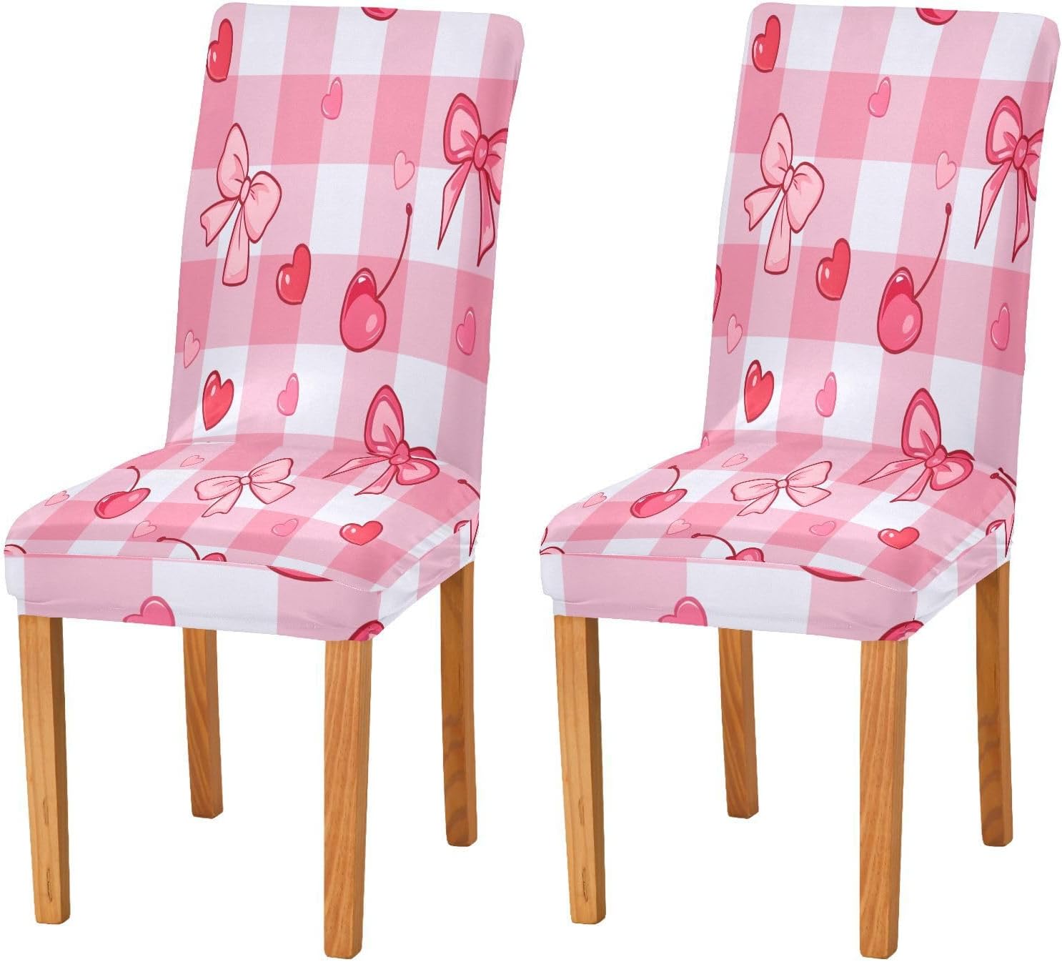 ALAZA Chair Covers for Dining Room, Pink Checkered Background Cherry Bow Pattern Stretch Chair Cover Sets Chair Protector Removable Washable for Ktichen Restaurant Hotel