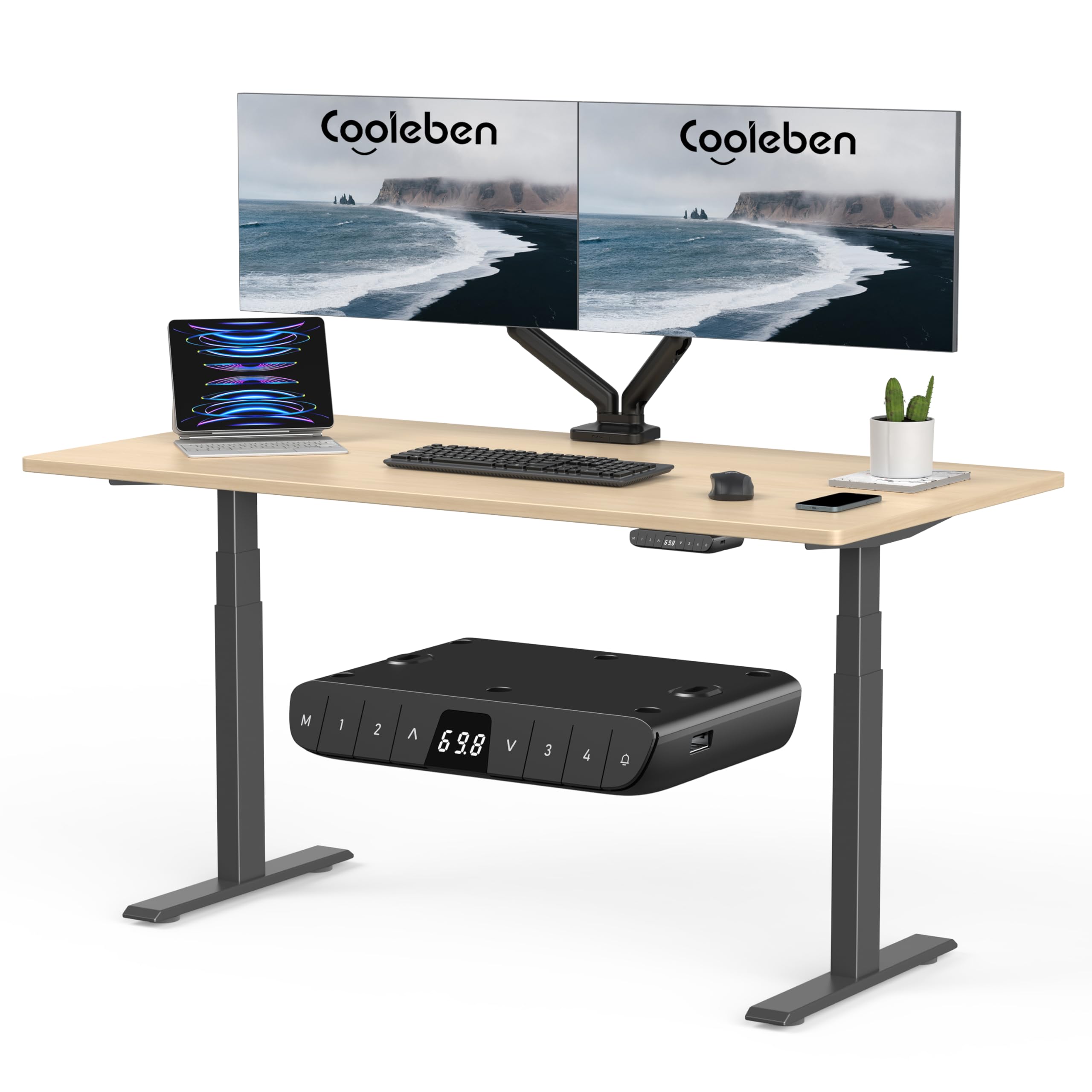 Höhenverstellbarer Schreibtisch Gestell mit 2 Motoren, Tischgestell Höhenverstellbar 3-Stufige Memory-Steuerung und Softstart/-Stop-Funktion, USB Typ-A/Typ-C (7BPRO), Schwarz