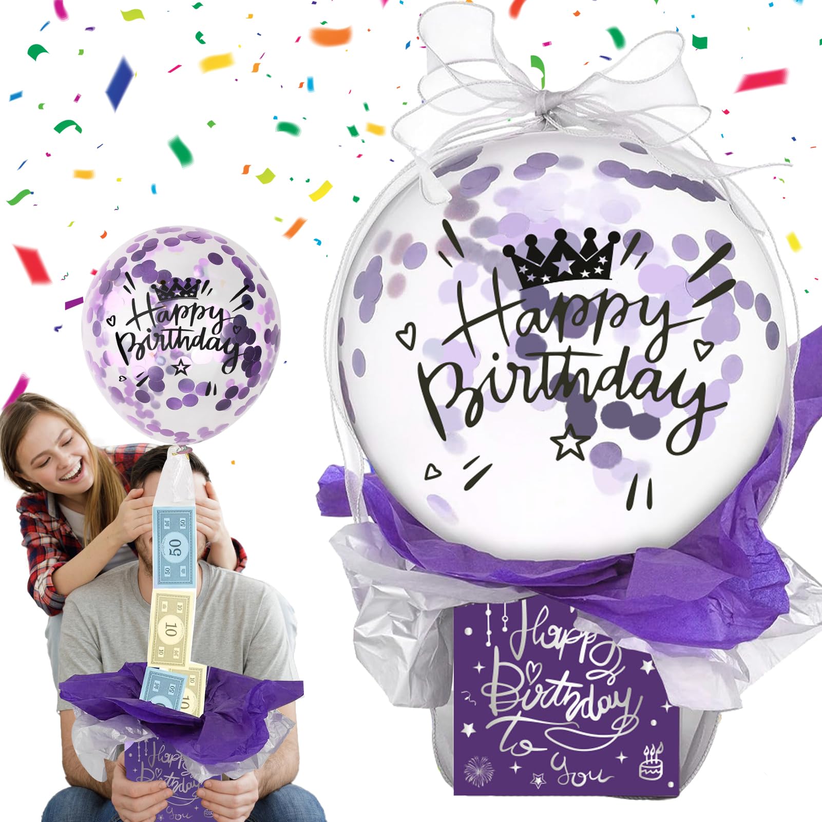 Money Gifts Birthday Surprise Box with Balloons, Pull Money Balloon Box for Money Gifts, Money Gift Balloon, Birthday Money Gift Packaging for Family and Friends (Purple)