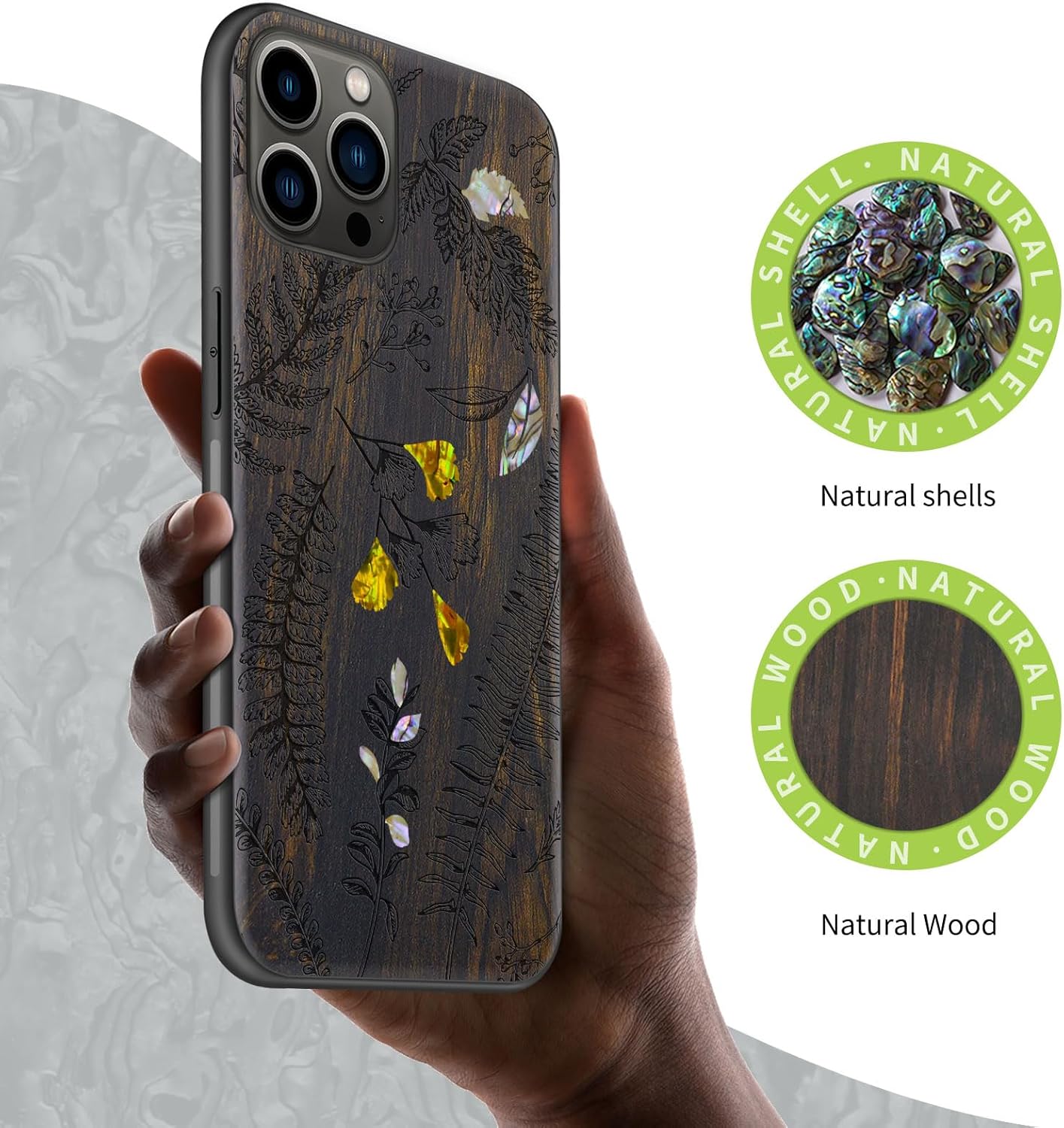 Carveit Designer Wooden Protective Case for iPhone 11 Pro Cover [Wood Engraving & Shell Inlay] Compatible with 11 Pro Case (Fern Leaves & Herbs-Blackwood)