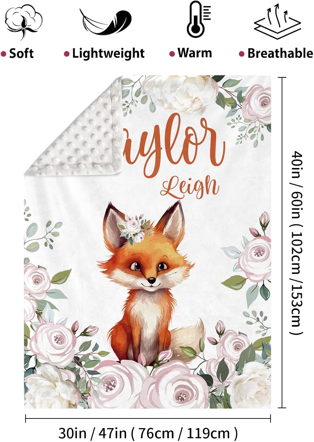 Personalized Baby Blanket for Boys, Custom Name with Fox Designs, Soft Flannel with Double Layer Dotted Backing, Receiving Swaddle Blanket Suitable for Infants and Toddler(30”x40)