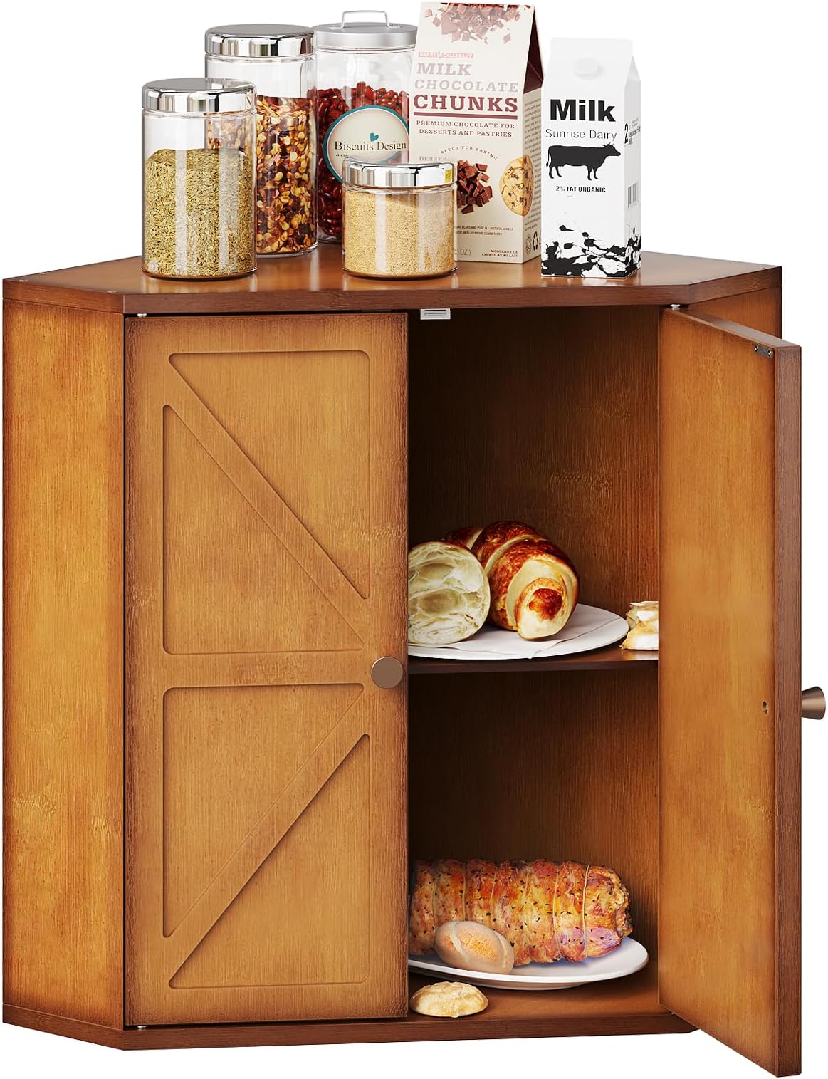 Trironsun Corner Bread Box for Kitchen Counter Double Layer Bamboo Bread Storage Container Large Capacity Bread Storage Bin Farmhouse Breadbox Organizer (Antique Brown)