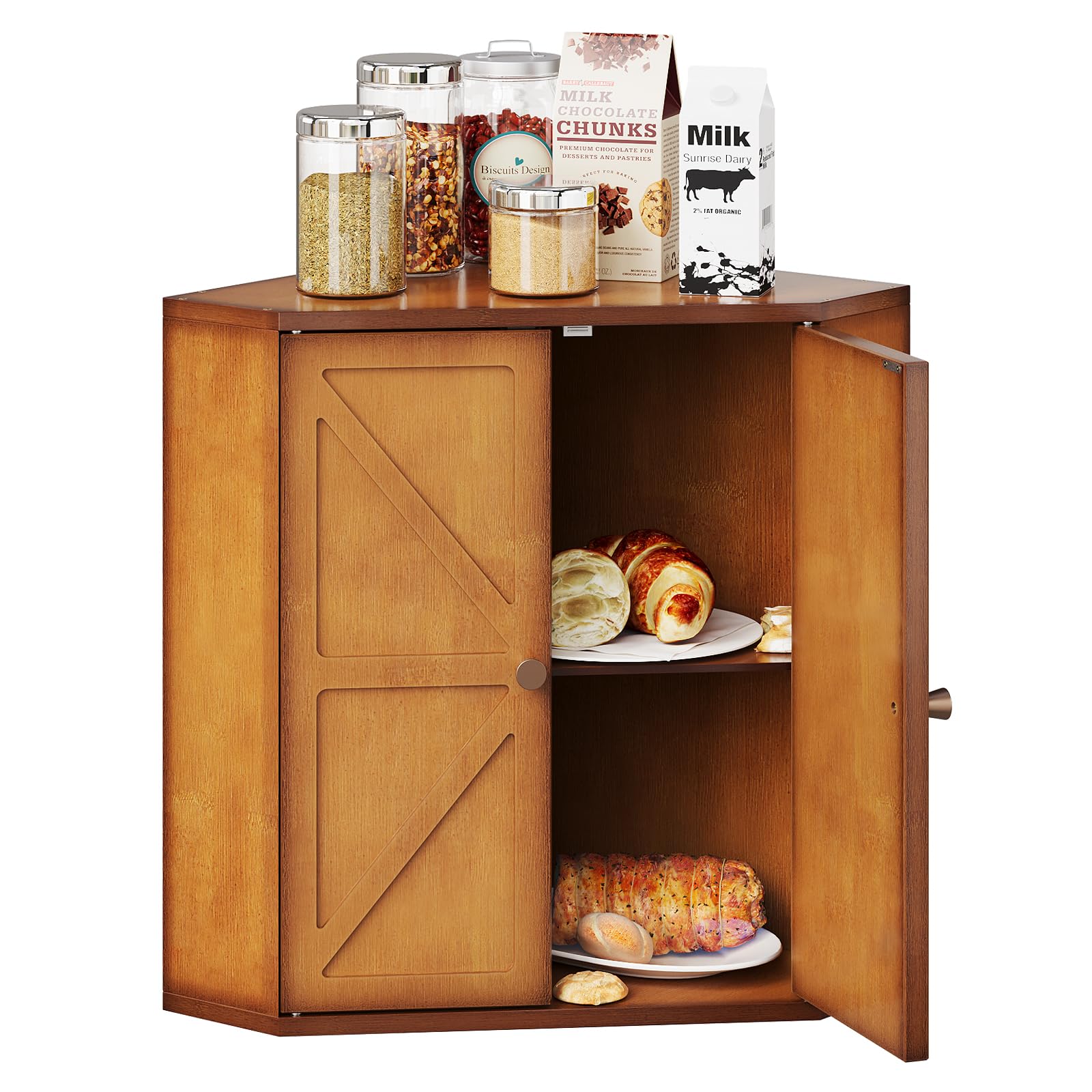 Corner Bread Box for Kitchen Counter Double Layer Bamboo Bread Storage Container Large Capacity Bread Storage Bin Farmhouse Breadbox Organizer (Antique Brown)