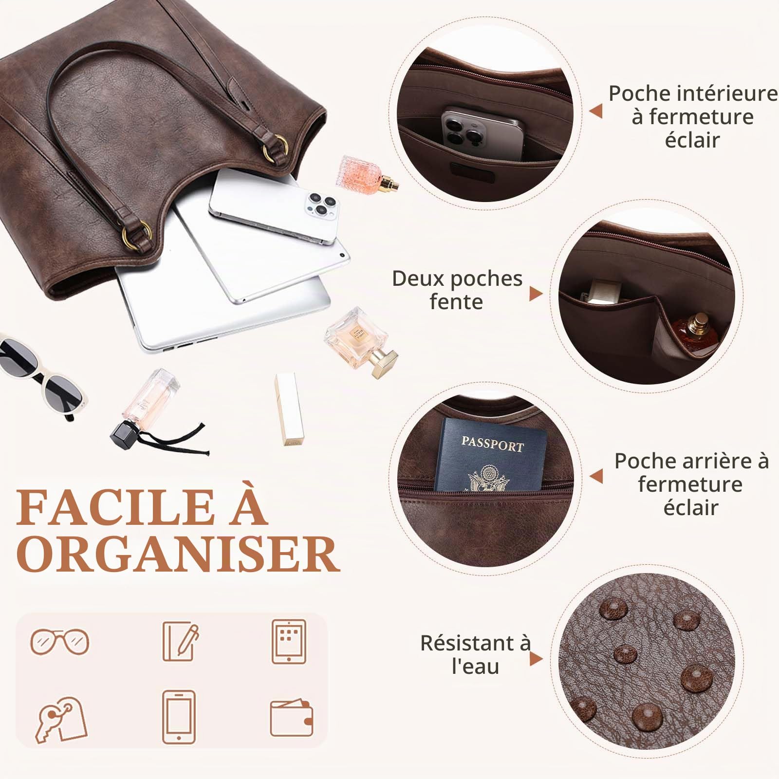 VASCHY Sac Cabas Femme Cuir PU, Mode Sac à Main Élégant pour Cours Sac Ordinateur 14 Pouces Grand Format Tote Bag Zippé pour Travail École Voyage
