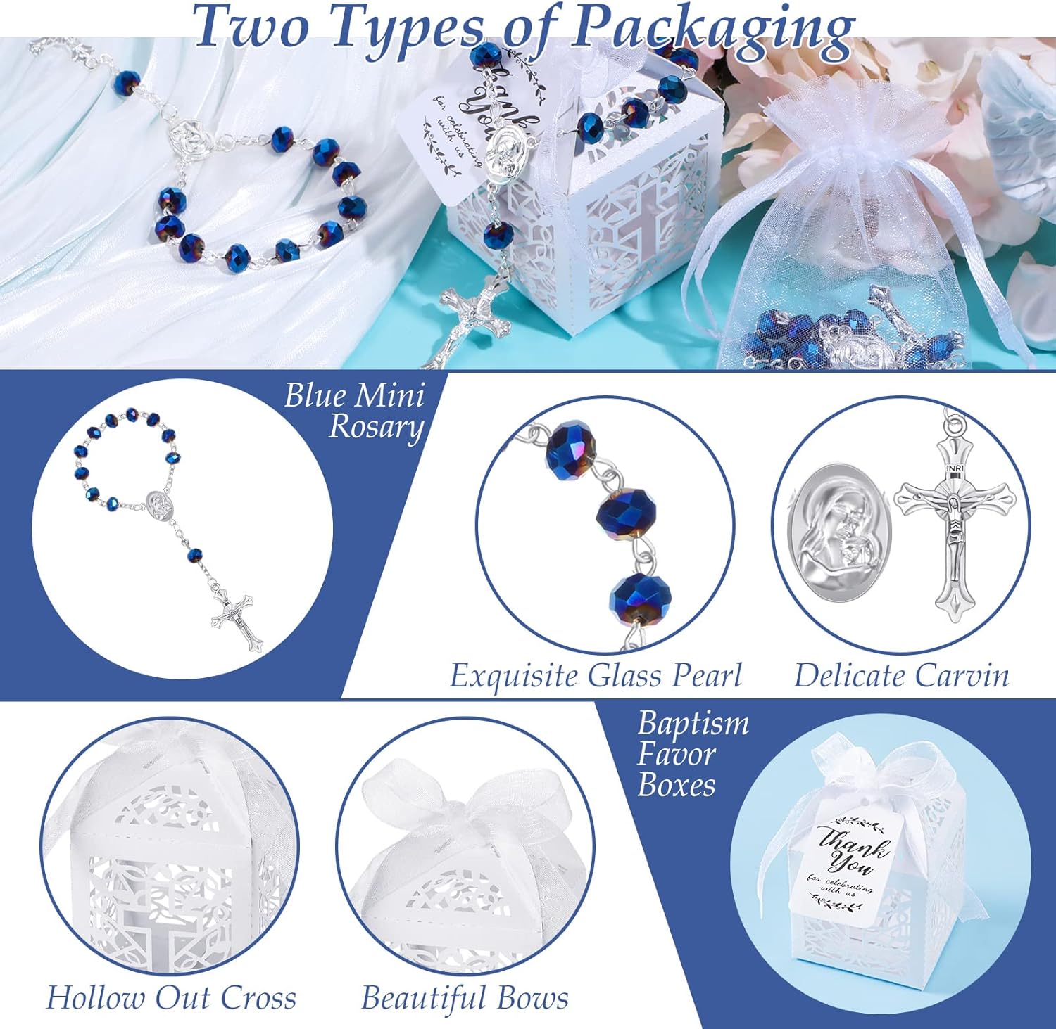 Yinkin 100 Pcs Baptism Favors Set Including 25 Mini Rosary Baptism Favors 25 Organza Bags with Drawstring 25 Thank Kraft Tags 25 Boxes for Christening Party Wedding Supplies Gifts(Blue) - Image 3