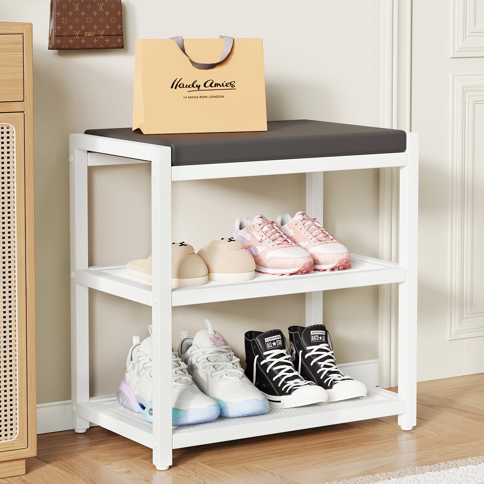 Small Shoe Bench Shoe Rack Storage Bench Entryway Bench Shoe Shelf with Seat Cushion, Stable Shoe Organizer for Entryway, Living Room, Bench Seat
