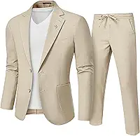Terno masculino de linho, 2 peças, ajuste regular, jaqueta leve com dois botões e calça para casamento na praia, formatura de verão