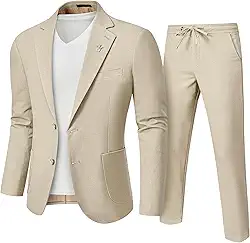 Terno masculino de linho, 2 peças, ajuste regular, jaqueta leve com dois botões e calça para casamento na praia, formatura de verão