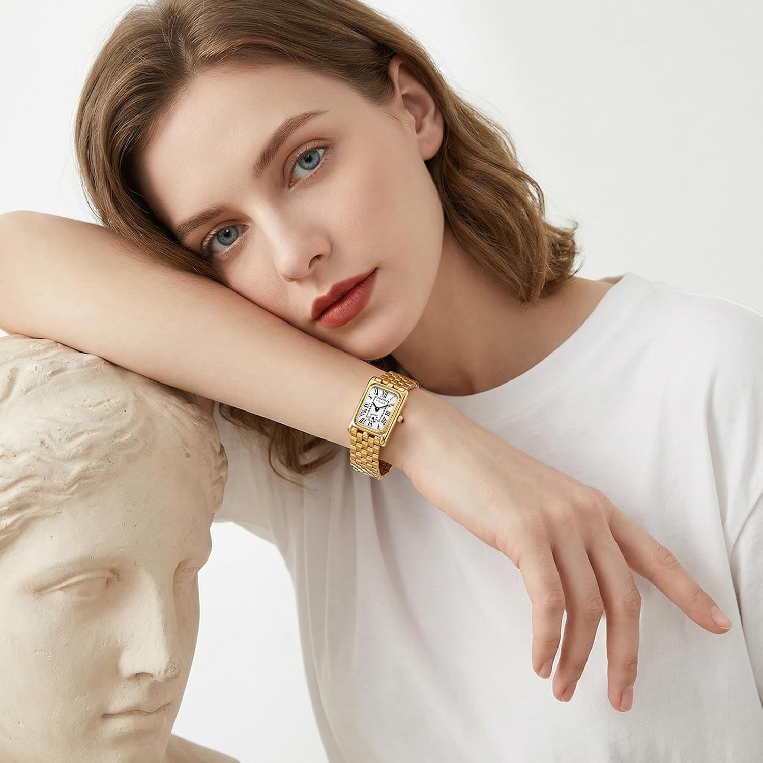 Gold Watches for Women,Vintage Bracelet Roman Dial Rectangular Ultra-Thin Case with Adjustment Tool - Image 7