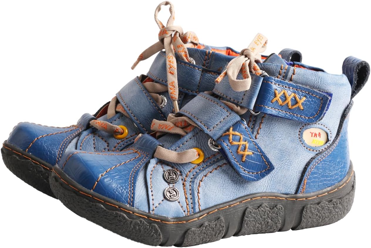 TMA EYES Women's Ankle Leather Boots with Adjustable Buckle and Side Zipper for Casual Outdoor Boots
