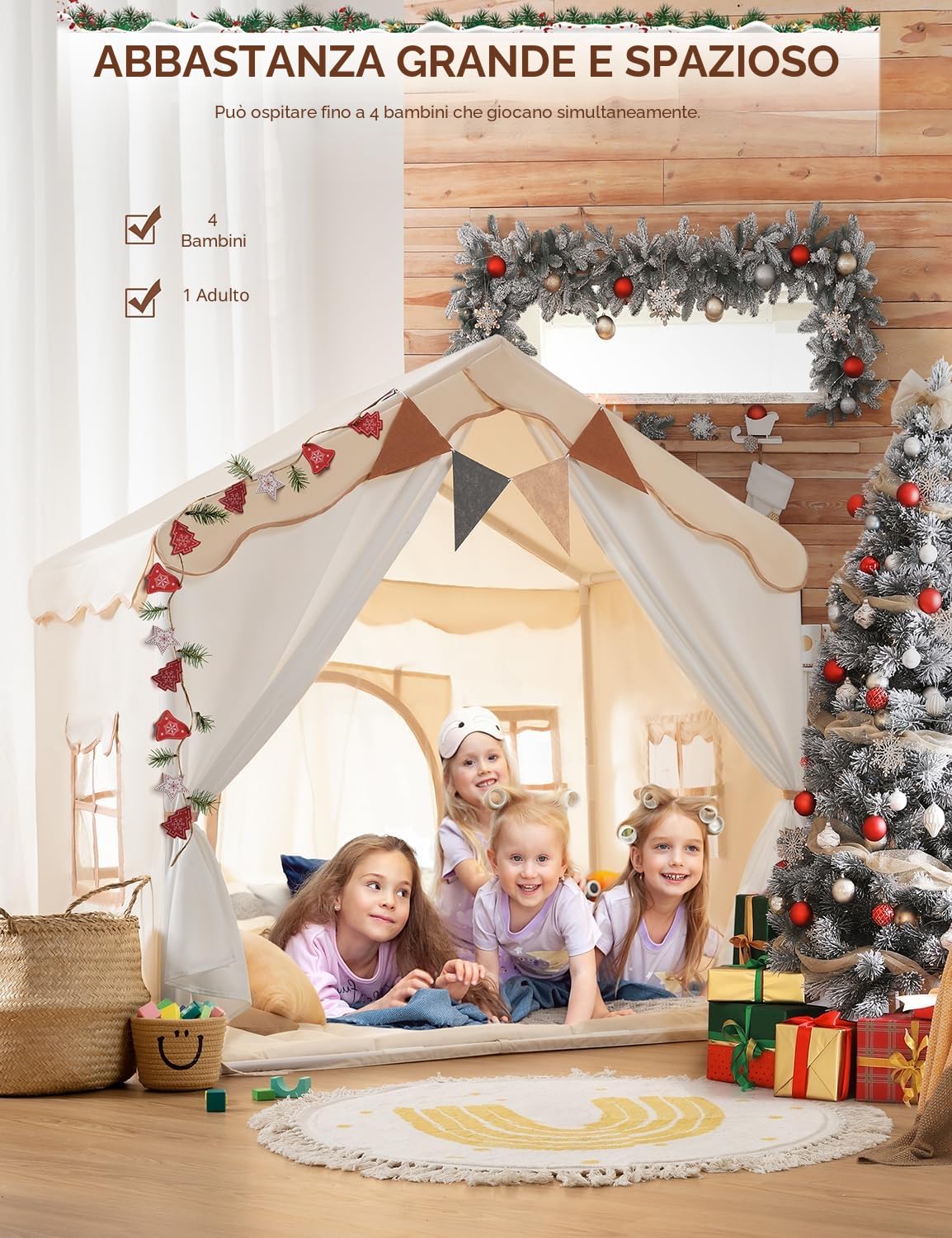 2 in 1 Tenda per Bambini besrey, Tenda Casetta da Gioco con 2 Porte e 4 Finestre, Tenda da Gioco per Bambini Interni ed Esterni con Tappetino Imbottito, Luci Fatate e bandierine