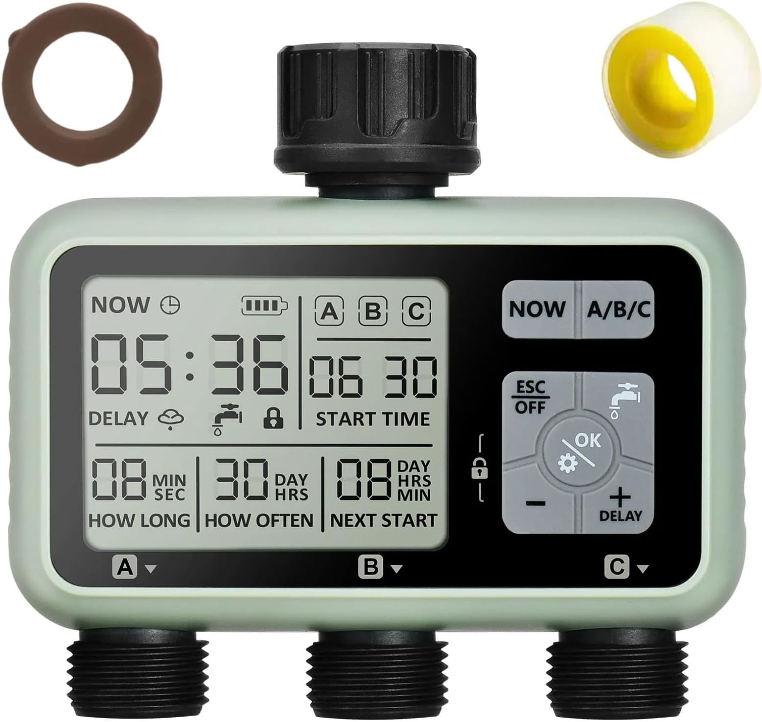 3 Outlet Sprinkler Timer Brass, Programmable Garden Hose Timer with Rain Delay, Manual& Automatic Watering System, Waterproof Digital Irrigation Controller Watering Evenly for 3 Separate Water Zones