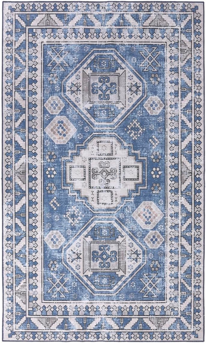 COZYLOOM Vintage Area Rug, 2x3 Blue Accent Floral Distressed Doormat Vintage Tribal Front Door Mat Machine Washable Area Rug for Indoor Living Room, Bedroom, Entryway 2x3 Feet