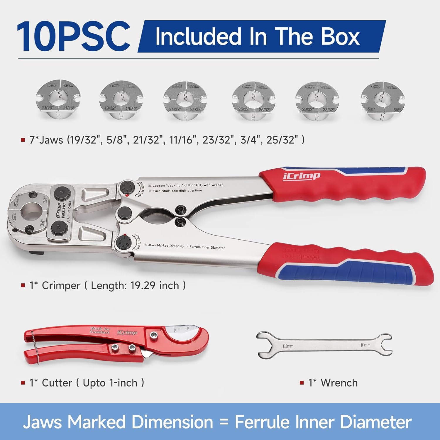 iCrimp Heavy Duty Air Hose Crimper Kit for 19/32" to 25/32" ID Ferrules with 7 Interchangeable Jaws & Cutter- Repair Tool for Rubber, Air&Torch Hoses