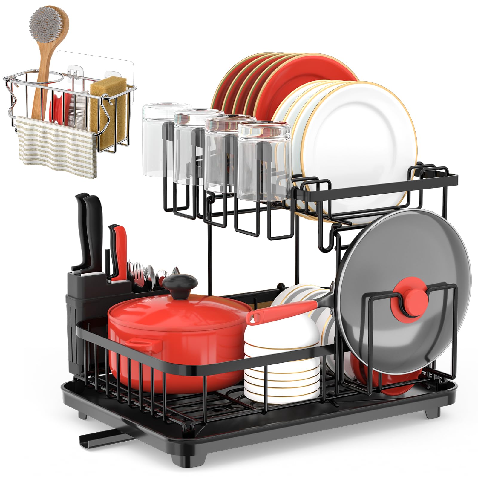 Cibert Dish Drying Rack with Drainboard, 3-in-1 Sponge Holder for Kitchen Sink, Black Dish Drainer Set, Kitchen Dish Dryer Rack with Mat, Dish Strainers for Kitchen Sink