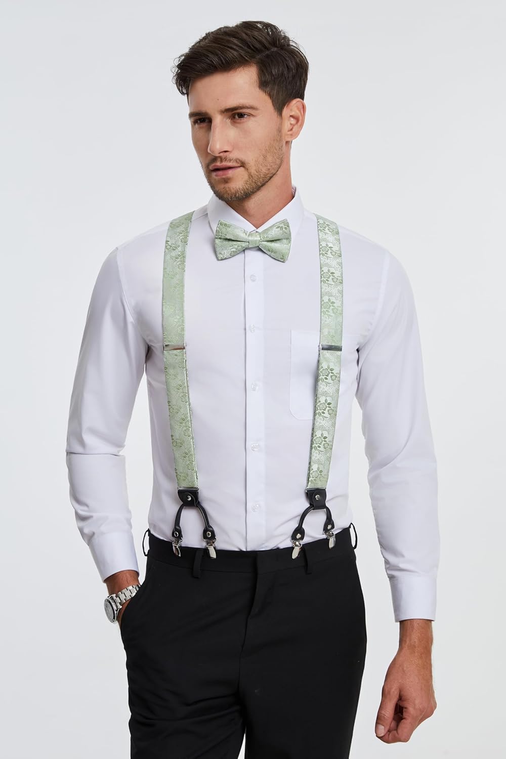HISDERN Suspenders for Men Paisley Floral Bow tie Suspender Pocket Square Sets Adjustable Y Shape 6 Clips Wedding Braces - Image 3