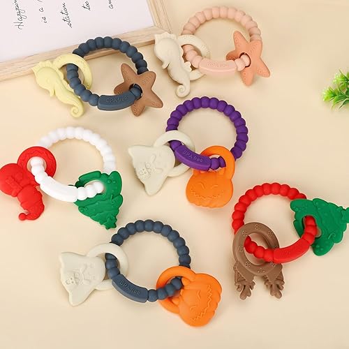 Miniatura 3 de Anillo de dentición de silicona, juguetes mordedores para bebés con sonajeros, juguetes sensoriales masticables sin BPA para bebés de 3 a 6 a 12