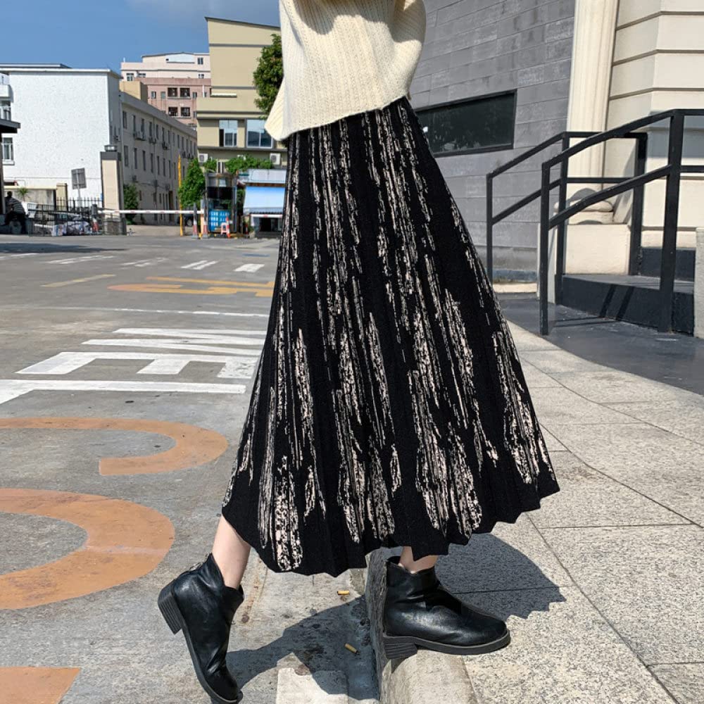 Gonne Invernali Donna,Gonna Invernale Nera Vita Elasticizzata Flowy Boho Gonna Svasata A Pieghe A Vita Alta Gonne A Maglia Calda per Le Donne Maxi Gonna A Trapezio Grande Pendolo
