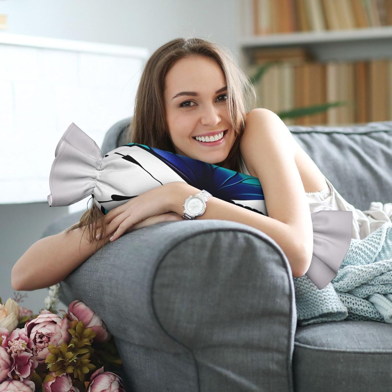 Blue Purple Butterfly Print Candy Cylindrical Comfortable Pillow Throw Pillows Home Decor Easy Maintenance