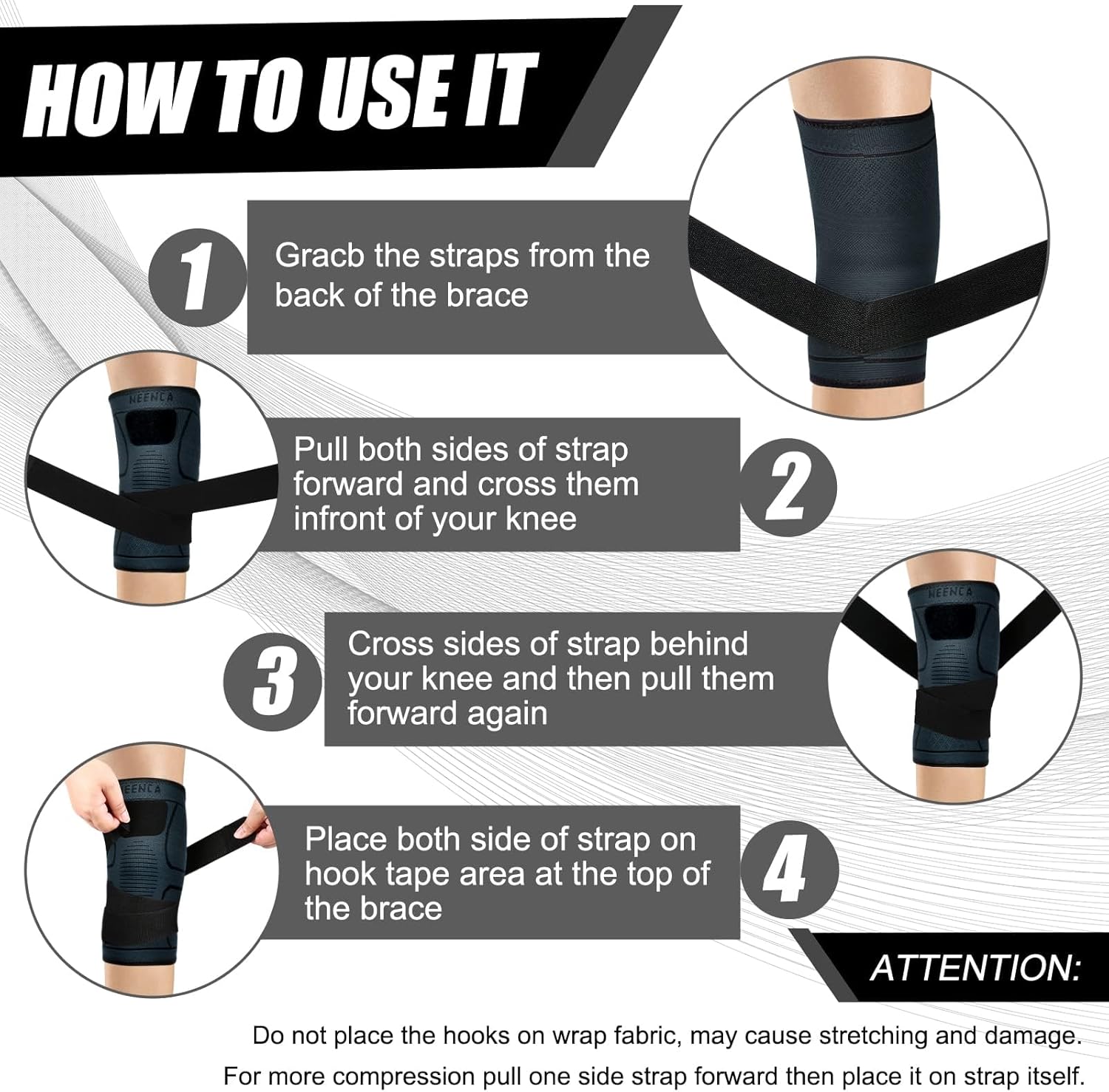 NEENCA Knee Braces for Knee Pain- 2 Pack Knee Sleeves for Pain Relief Set, Knee Compression Sleeves with Adjustable Straps for Best Fit, for Sports, Runner, Meniscus Tear, ACL, Arthritis, Joint Pain.. - Image 5