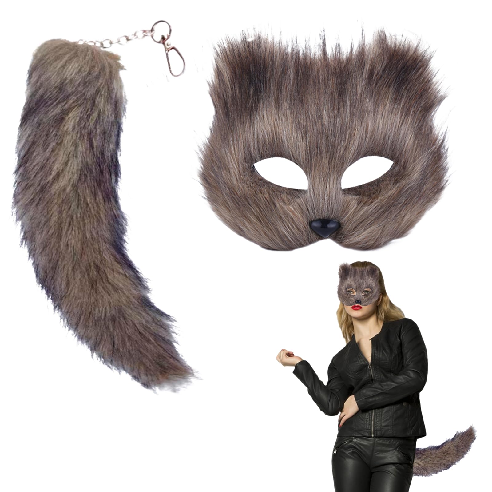 Enjoyaa Cat Mask and Plush Faux Fur Tail,Furry Fox Mask with 30cm Long Fox Tail Cosplay Party Animal Costume Dress Up Party Carnival Costume Prop for Adult Kids Halloween Dress Up(grey)
