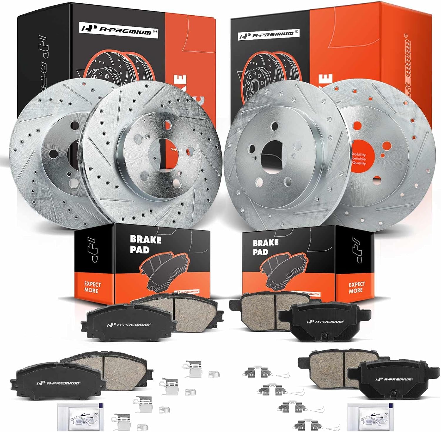 A-Premium 12Pcs Front and Rear Drilled and Slotted Disc Brake Rotors + Ceramic Pads Kit Compatible with Select Toyota & Lexus Models - Prius 2012, Prius Plug-In 2012-2015, CT200h 2011-2017