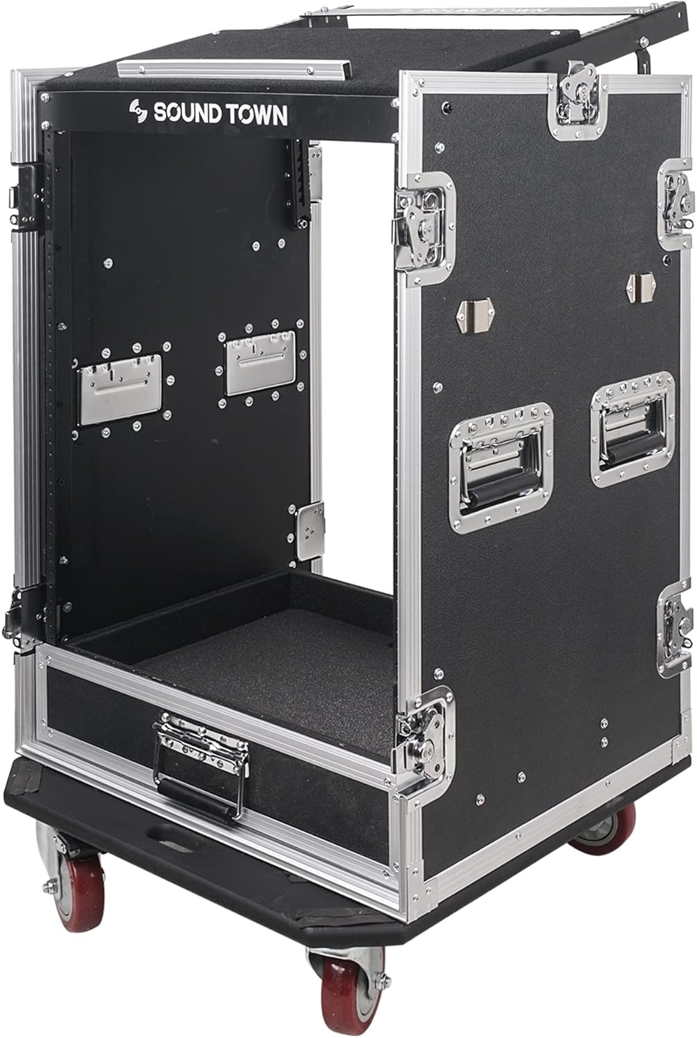 Sound Town 16U PA DJ Pro Audio Rack/Road ATA Case with 2U Drawer, 11U Slant Mixer Top, Two DJ Work Tables, Casters, Pro Tour Grade (MR-DR16UT2)