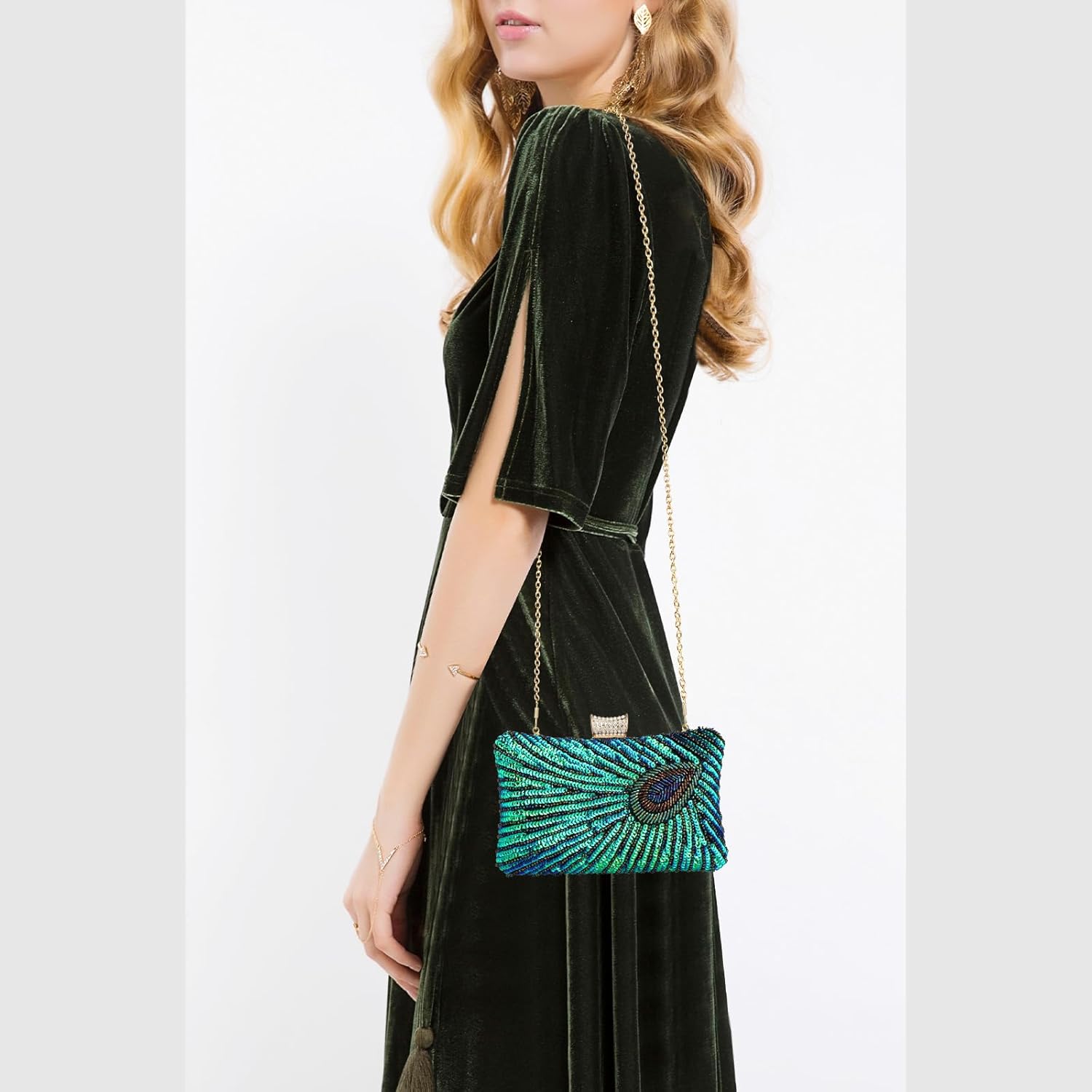 Beaded Sequin Peacock Evening Clutch Bags Crossbody Wedding Purse for Party Birthday Prom - Image 7
