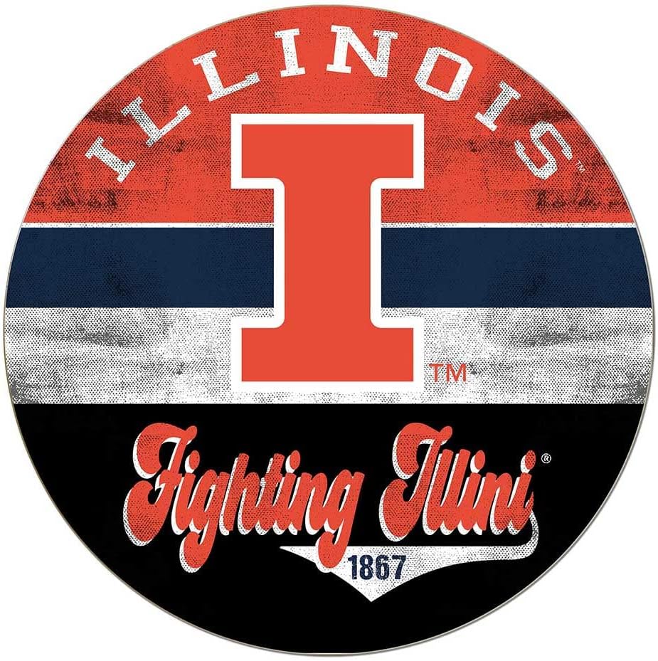 KH Sports Fan Illinois Fighting Illini Multi-Color Retro Circle Sign, 20x20 Inches, Fighting Illini Decor for Dorm Room, Bedroom, Fan Cave, Living Room; Display Your Team Spirit with This Unique Illinois Fighting Illini Wall Art