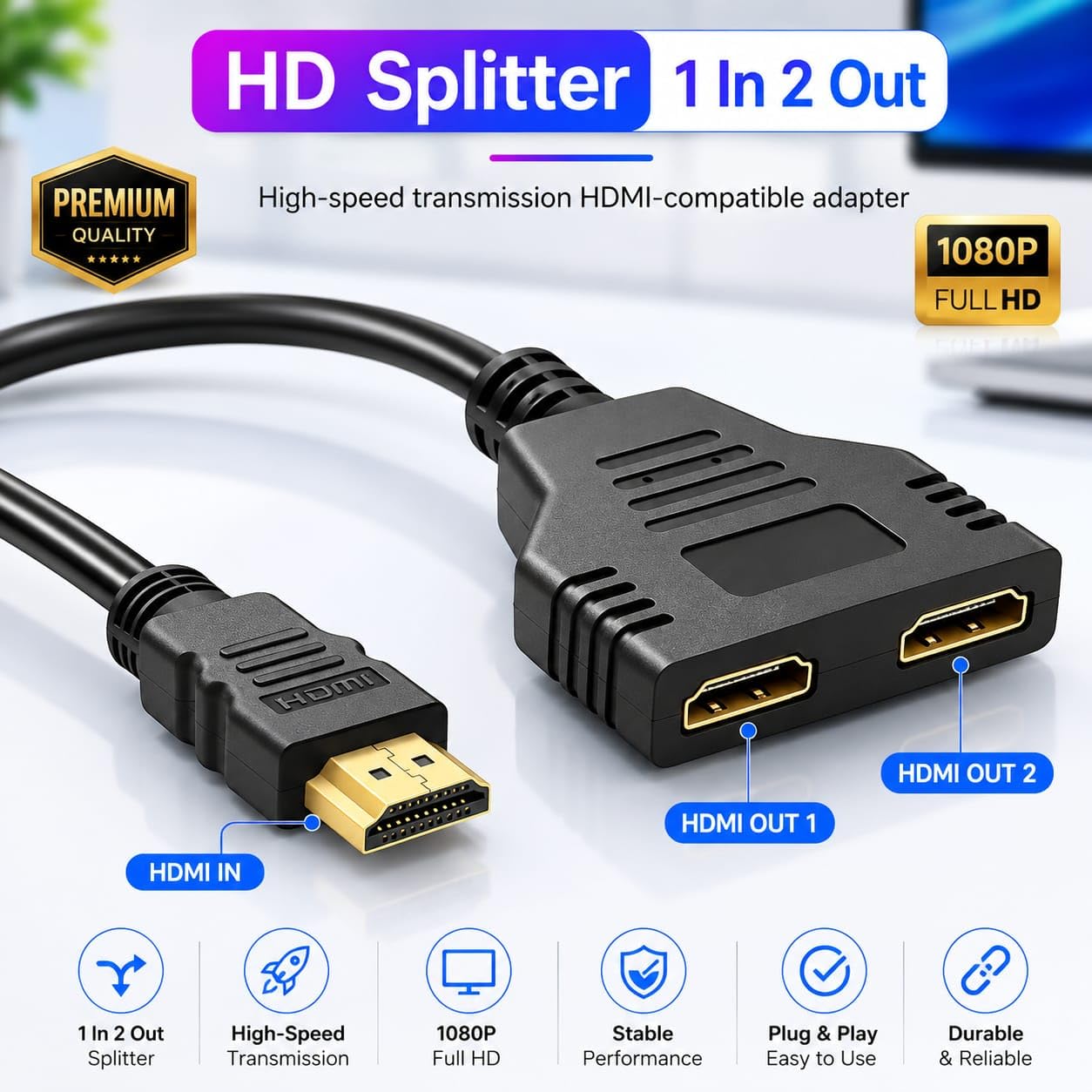 FORIDA HDMI Y Splitter Cable 1 in 2 Out, 4K 1080P 3D HDTV Dual Port Adapter, 1 Male to 2 Female HDMI Converter Splitter for TV Monitor Laptop PS3 PS4 PC VR Display [ Mirror Display Only ] — Amazon image 4