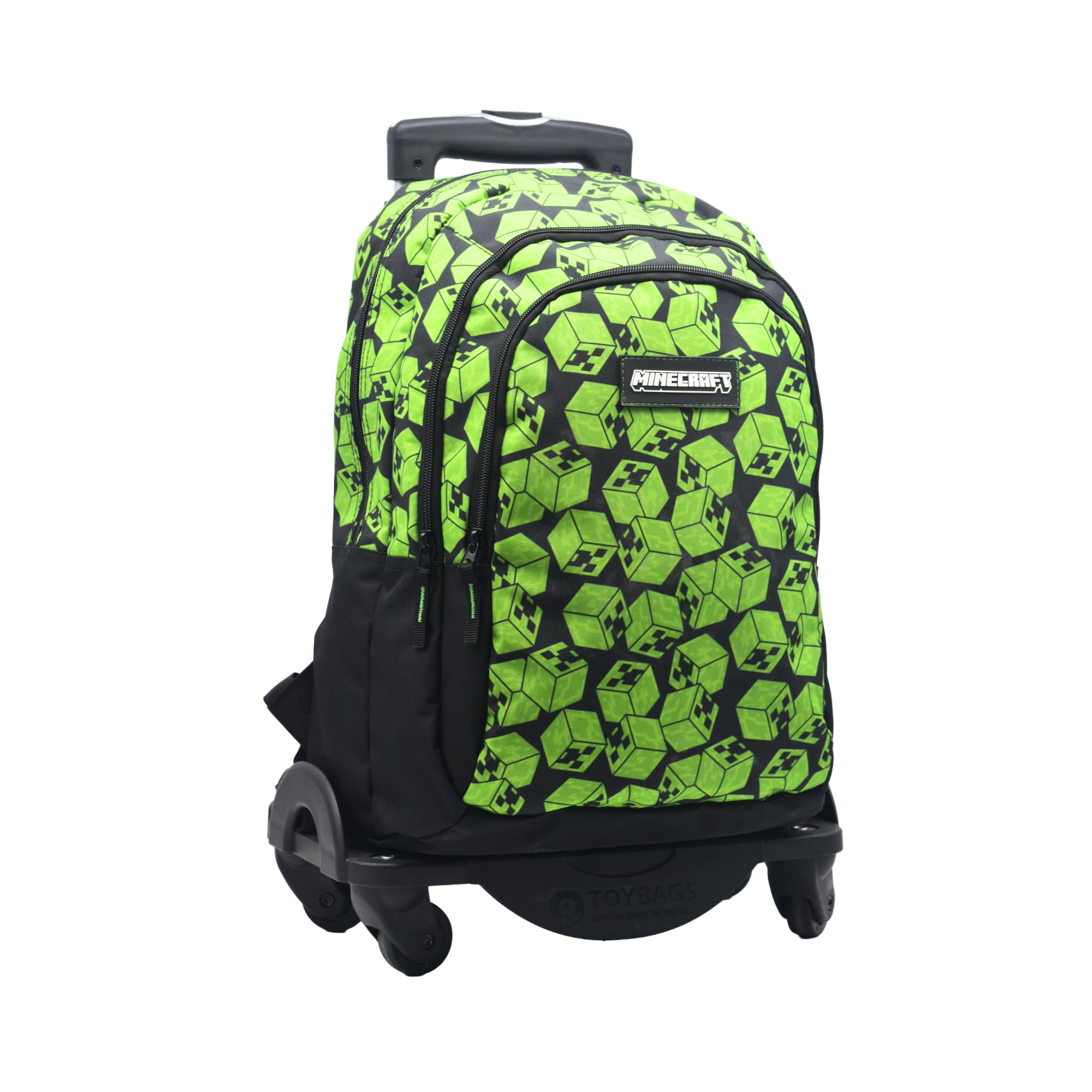 Mochila Escolar Minecraft Cubos Doble Compartimento Adaptable + CARRO NEGRO TOYBAGS CON PROTECCION LATERAL Y STOPER FRONTAL ANTI CAIDA 4 ruedas giratorias - 44 X 30 X 20 CM