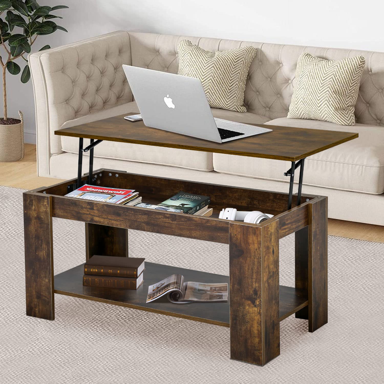 FDW with Hidden Storage Compartment & Lower Shelf,Coffee Table with Lift Top for Living Room(Brown) - similar to stock photo 