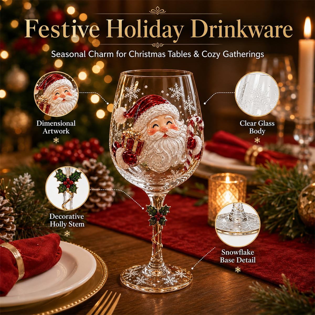 Świąteczne kieliszki do wina 3D Zestaw Świątecznych Stemed Goblets With Santa Snowman Tree Motifs Gold Spiral Trim Na Xmas Dinner Party Gifts Dekoracyjne Barware