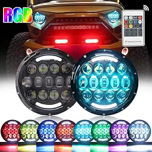 AUDEXEN 105W RGB Led Headlights 7 Inch Round Headlight with Remote Controller High/Low Beam DRL Headlamps Compatible with Wrangler JK TJ JL CJ (105W 2PCS)