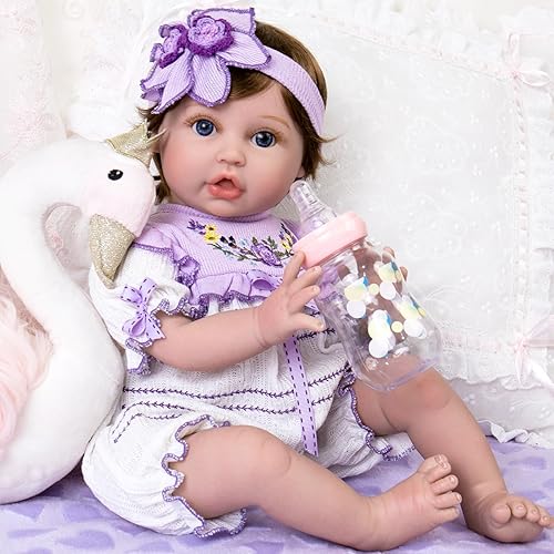 Miniatura 2 de Aori Reborn Baby Dolls - 22 Inch Realistic Lifelike Baby Girl - Handmade Vinyl Reborn Doll with Feeding Set & Purple Outfit Newborn Baby Doll for