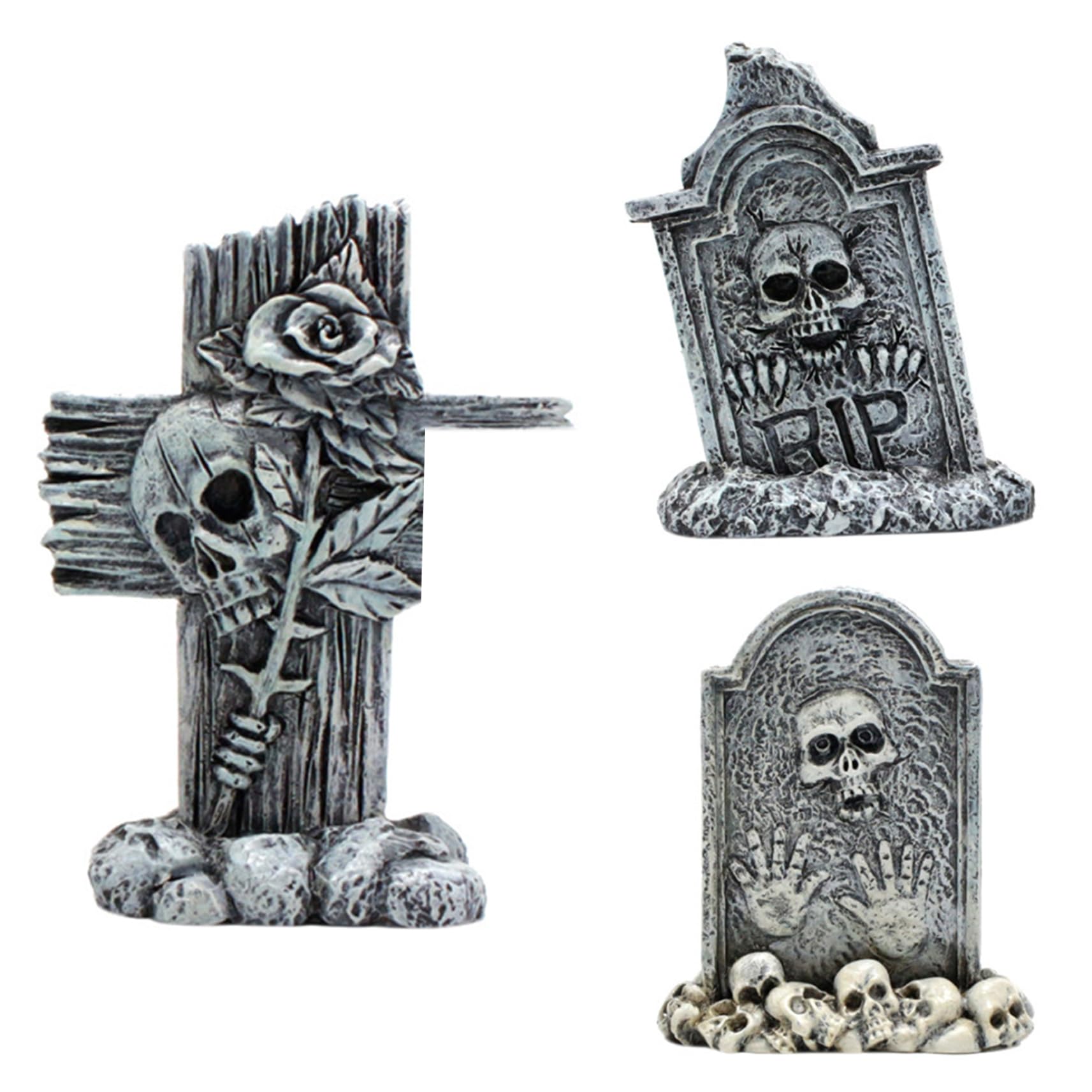 Goutdori 3PCS Halloween Miniatures Weather Resistant, Resin Mini Tombstones Arched Cross RIP Gravestones for Haunted House Party Decor
