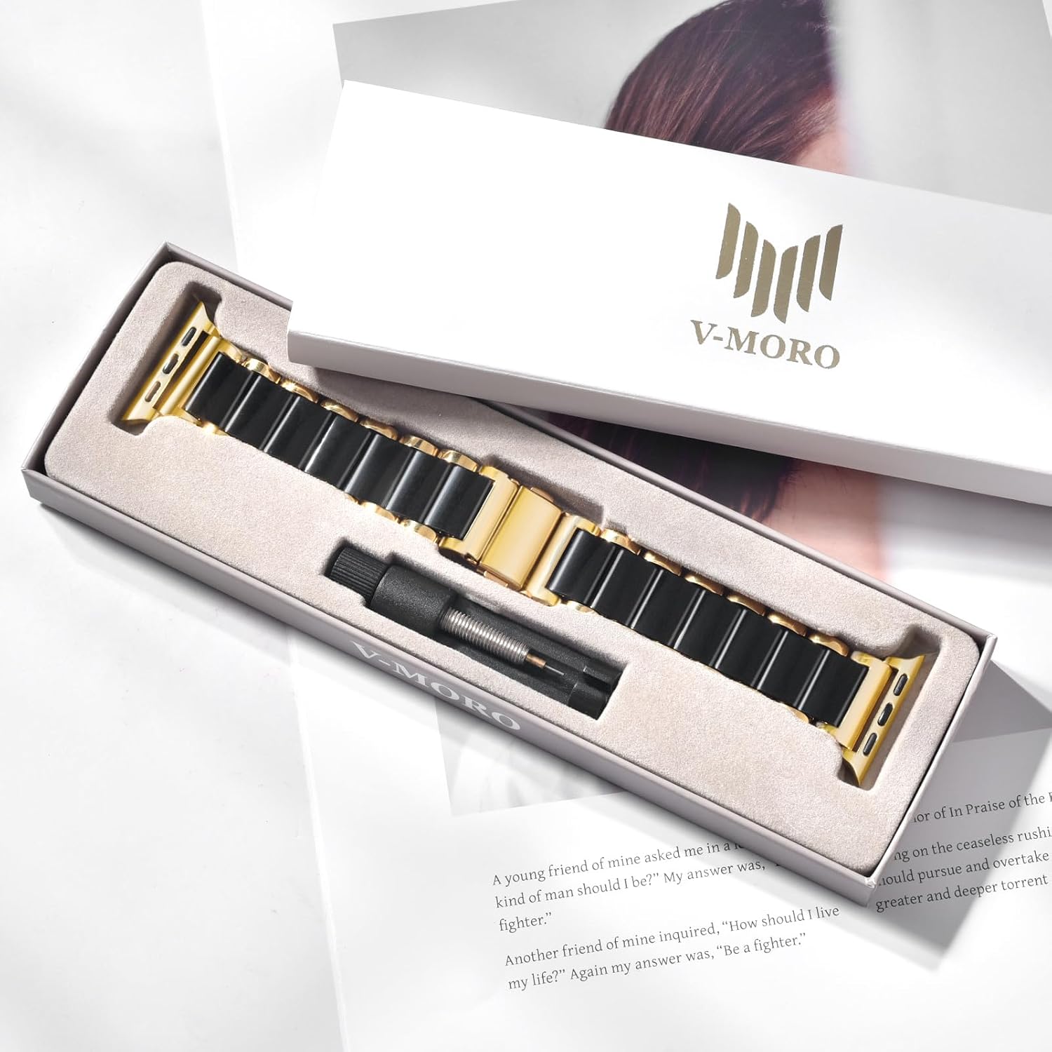 V-MORO Compatible with Apple Watch Band 41mm 42mm 40mm 38mm Series 11/10/9/8 Fashion Strap Women,Stainless Steel Resin Band Bracelet Replacement for iWatch Ultra/SE/7/6/5/4/3/2/1-Black+Gold
